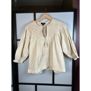 Evereve Juliette Cream Cotton Smocked Boho Peasant Blouse Top Tassel Medium M